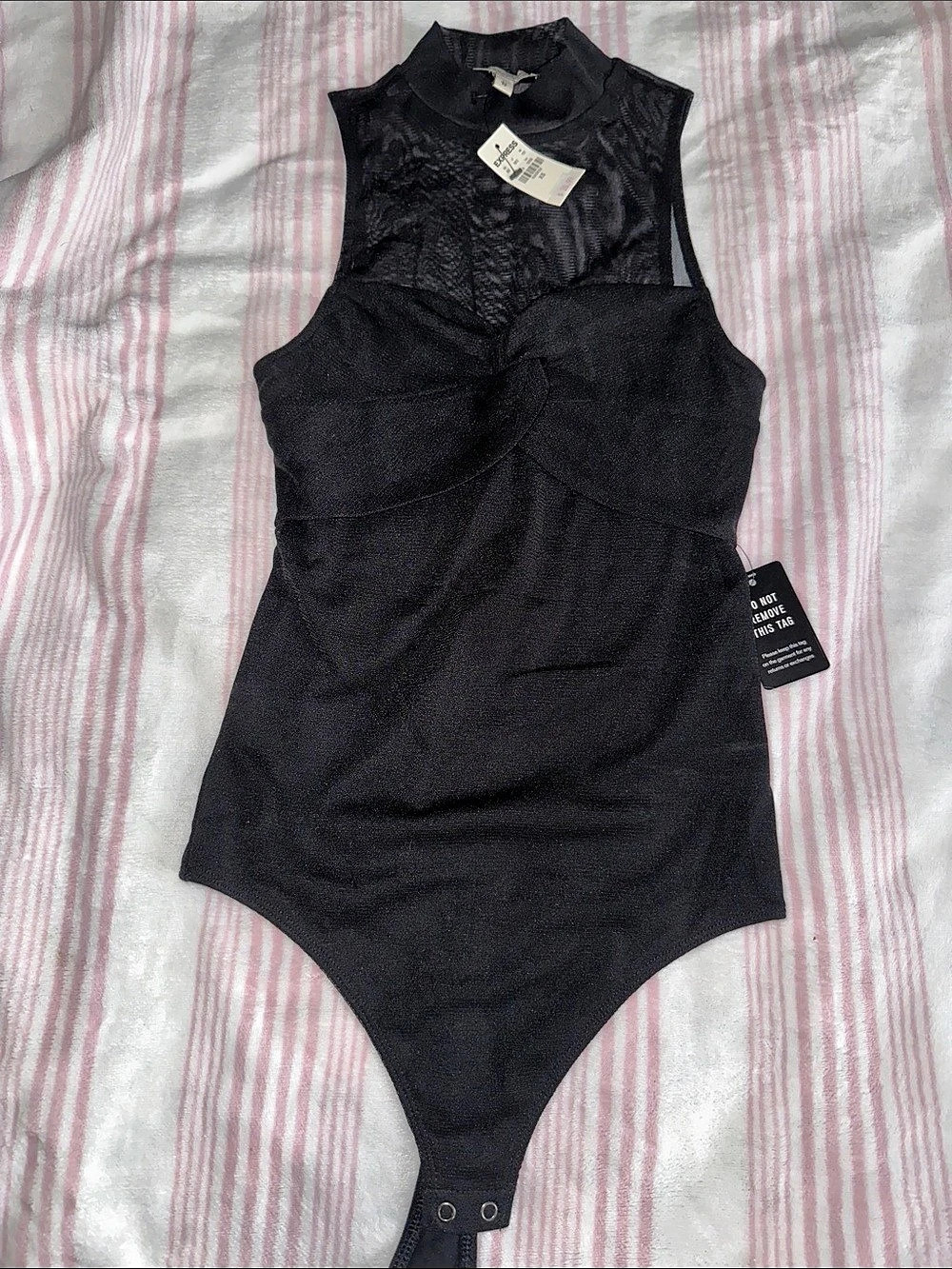 Express Fitted Mesh Crew Neck Twist Front Bodysuit Twist Front Black Bodysuit